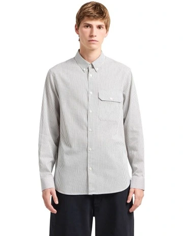 Back To Work Stripe Cotton Dobby Shirt in Off White/Deep Navy Stripe