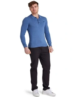 Classic Knitted Long Sleeve Polo in Denim