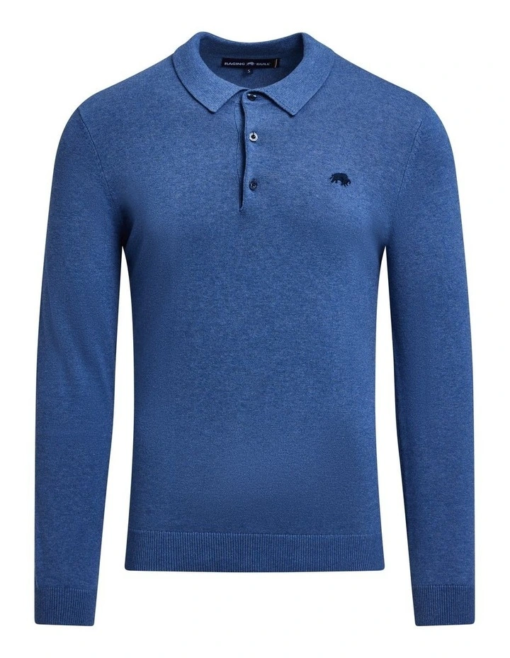 Classic Knitted Long Sleeve Polo in Denim image 3