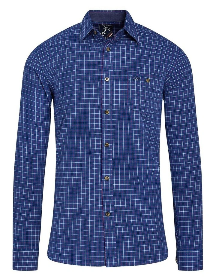 Window Pane Brushed Cotton Shirt in Navy image 3