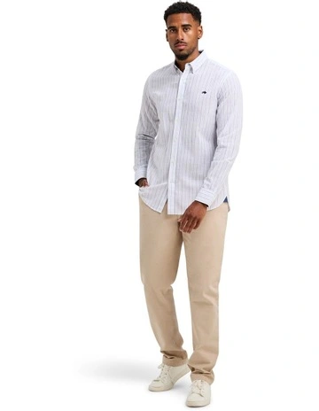 Chalk Stripe Cotton Linen Look Long Sleeve Shirt in White
