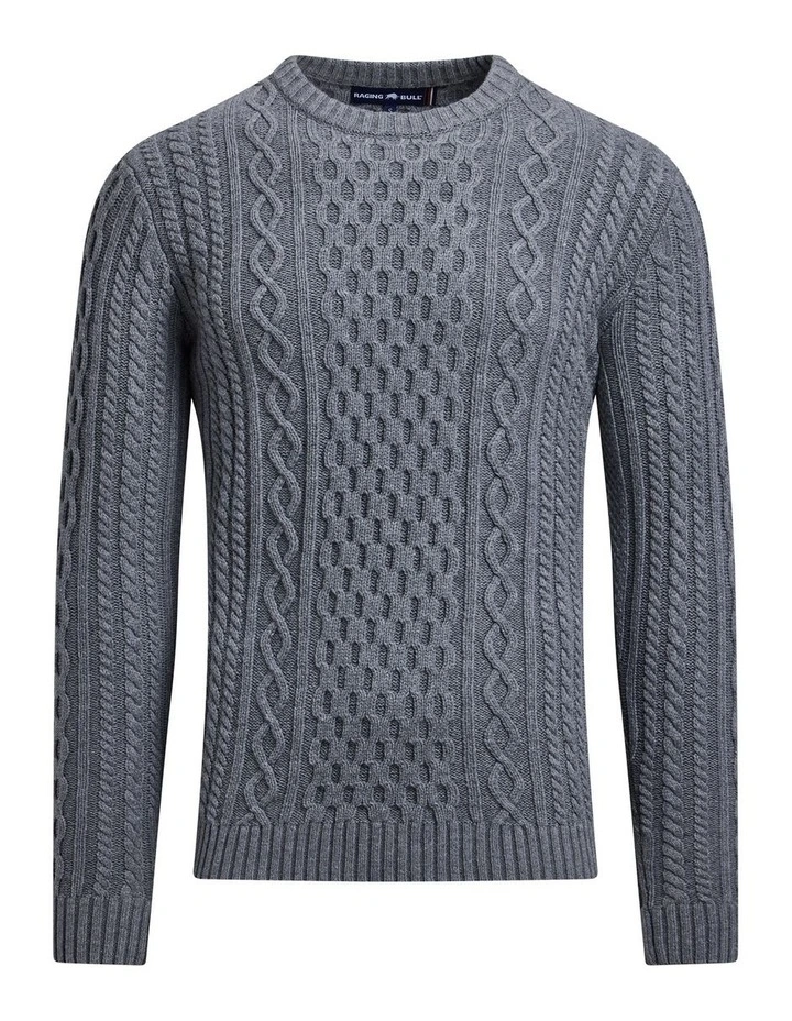 Chunky Cable Crew Neck Knit in Grey Marl image 3
