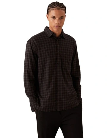Twill Check Comfort Fit Long Sleeve Shirt in Black
