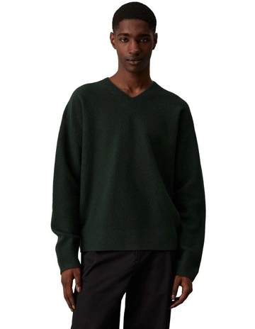 Seamless Felted Merino V Neck Knit in Midnight Forest