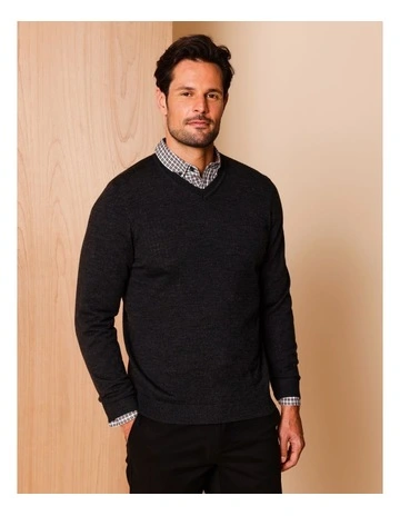 Australian Merino V-Neck Knit in Charcoal