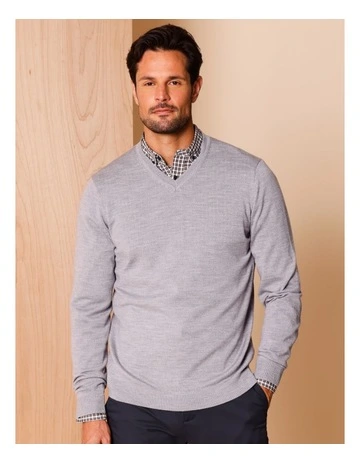 Australian Merino V-Neck Knit in Steel
