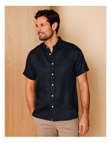 Luca Short Sleeve Linen Shirt in Navy