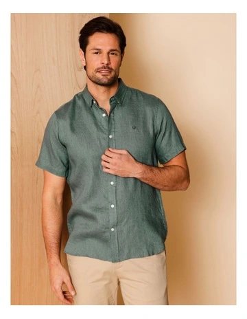 Luca Short Sleeve Linen Shirt in Teal