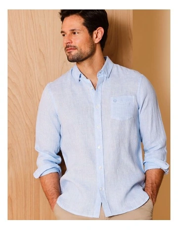 Louis Long Sleeve Houndstooth Linen Shirt in Light Blue