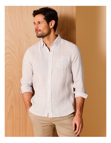 Louis Long Sleeve Houndstooth Linen Shirt in Grey