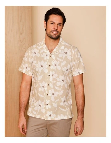Francesco Revere Collar Floral Short Sleeve Shirt in Natural