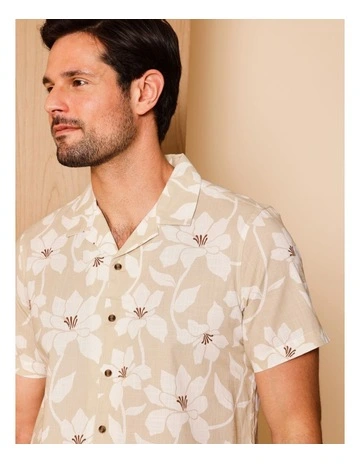 Francesco Revere Collar Floral Short Sleeve Shirt in Natural