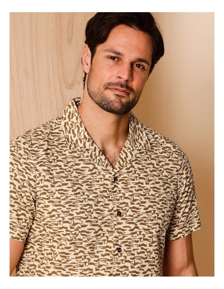 Ayden Short Sleeve Abstract Print Shirt in Tan image 3