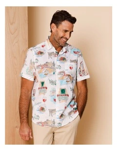 Ian Short Sleeve Illustrated Print Shirt in White