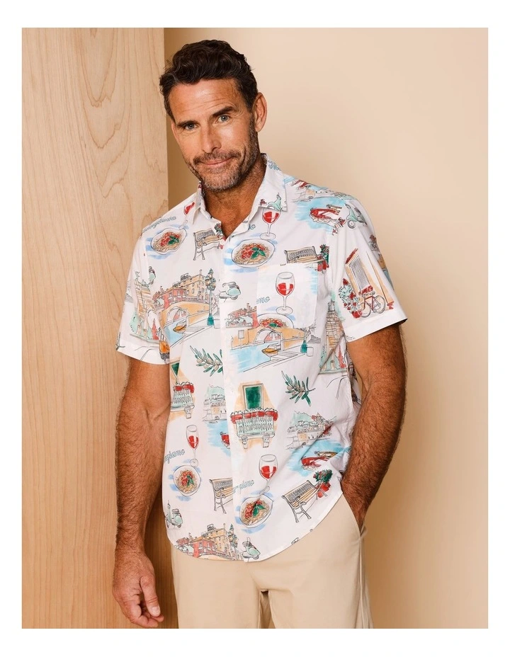 Ian Short Sleeve Illustrated Print Shirt in White image 3