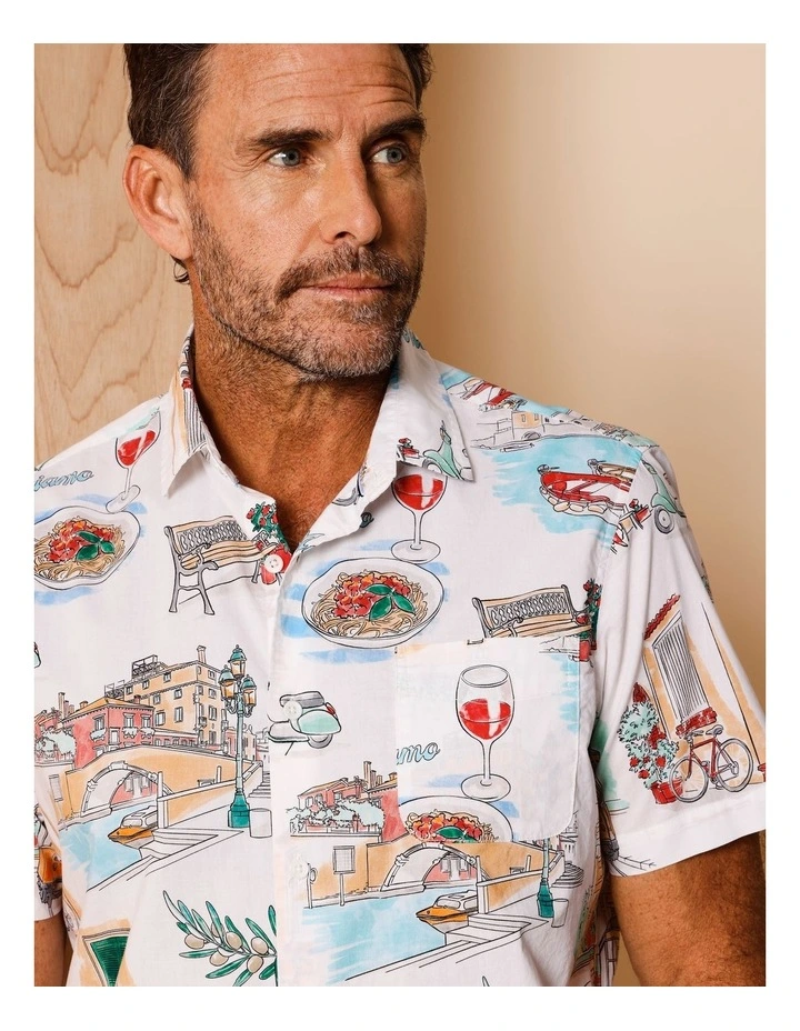 Ian Short Sleeve Illustrated Print Shirt in White image 4