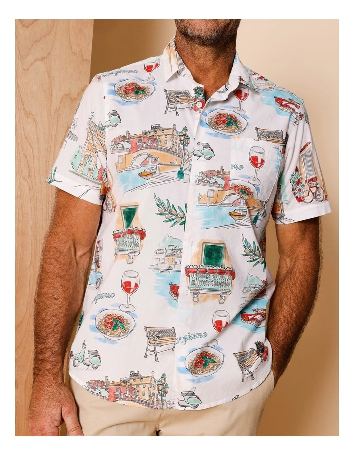 Ian Short Sleeve Illustrated Print Shirt in White image 5