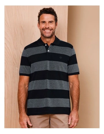 Baxter Block Stripe Birdseye Polo in Navy
