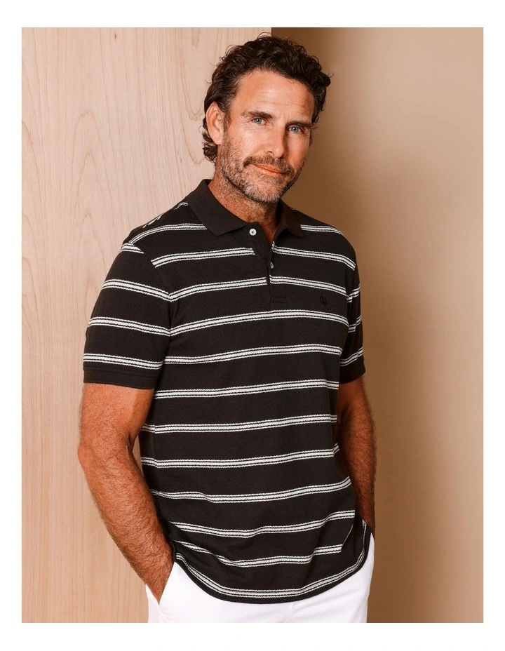 Harrison Short Sleeve Stripe Textured Knit Polo in Chocolate image 1