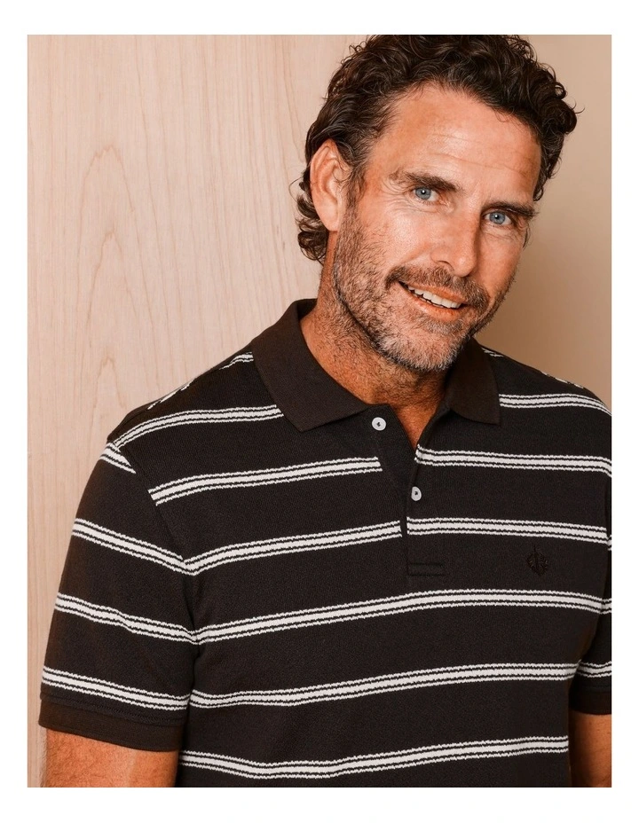 Harrison Short Sleeve Stripe Textured Knit Polo in Chocolate image 3
