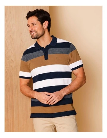 Essential Martin Birdseye Multi Stripe Polo in Tan