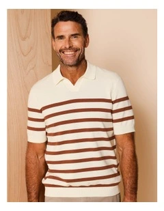 Beau Breton Stripe Knit Polo in Natural