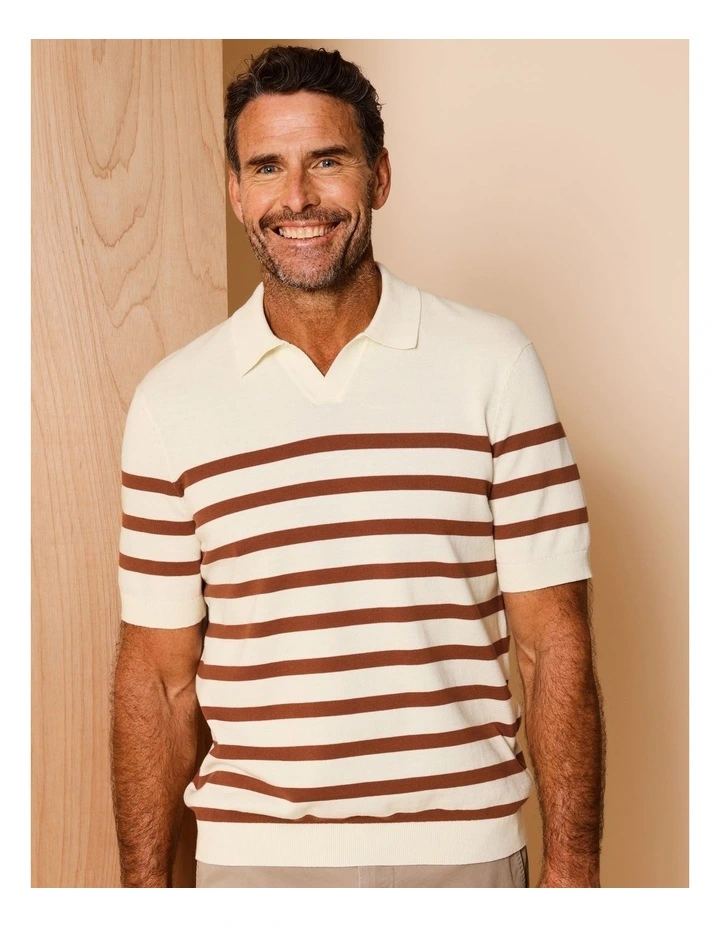 Beau Breton Stripe Knit Polo in Natural image 1
