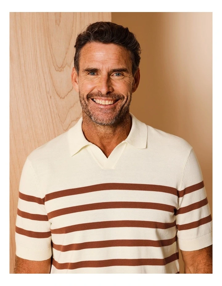 Beau Breton Stripe Knit Polo in Natural image 3