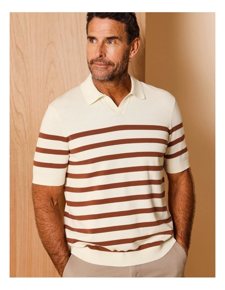 Beau Breton Stripe Knit Polo in Natural image 4