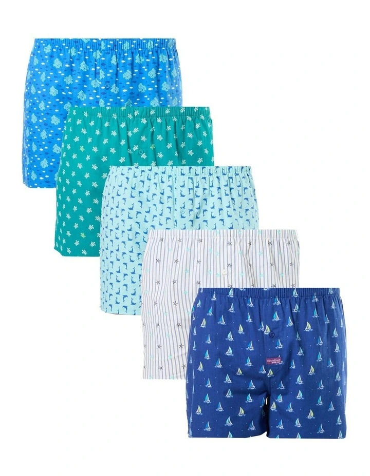 5 Pack Cotton Woven Boxer Shorts - Summer Seas image 1