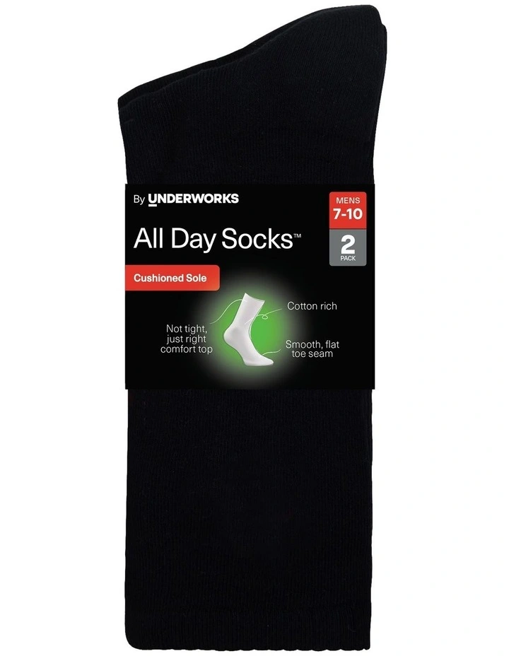 Mens Plain Cushioned Cotton Crew 2 Pack in Black image 2