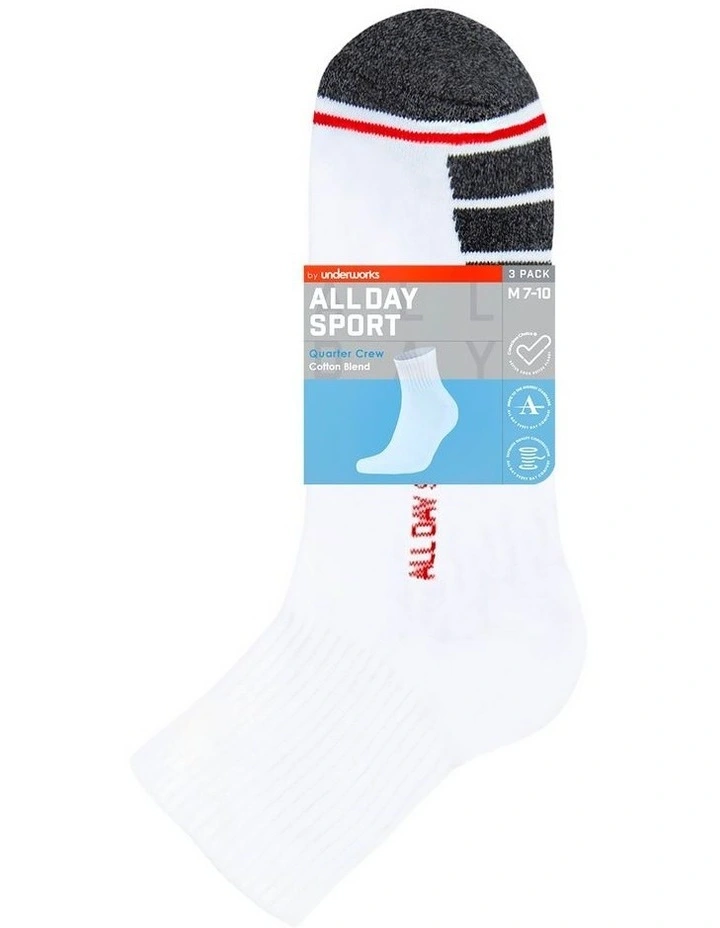 All Day Sport Quarter Crew Socks 3 Pack in White image 2