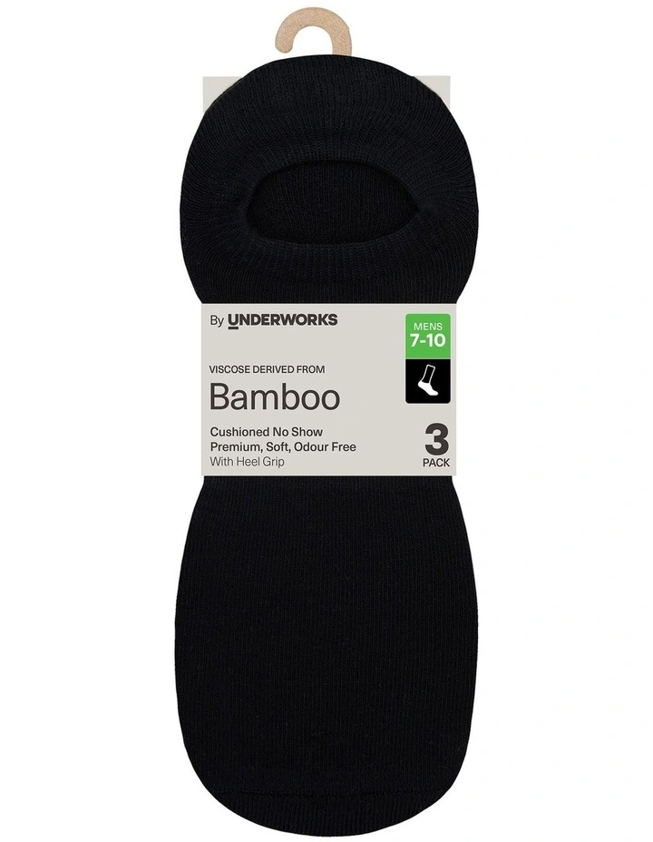 Mens Cushioned No Show Sock with Bamboo 3 Pack, Black image 2