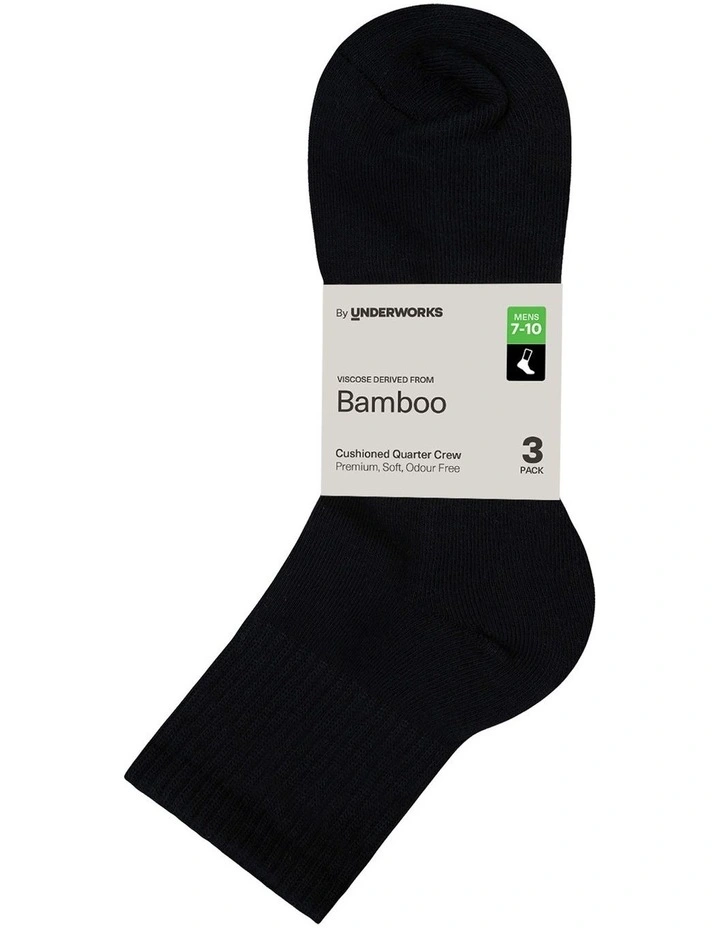Mens Cushioned Quarter Crew with Bamboo 3 Pack, Black image 2