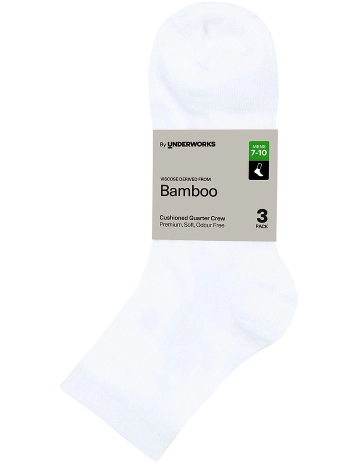 Mens Cushioned Quarter Crew with Bamboo 3 Pack, White image 2