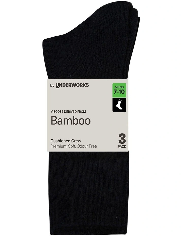 Mens Cushioned Crew with Bamboo 3 Pack, Black image 2