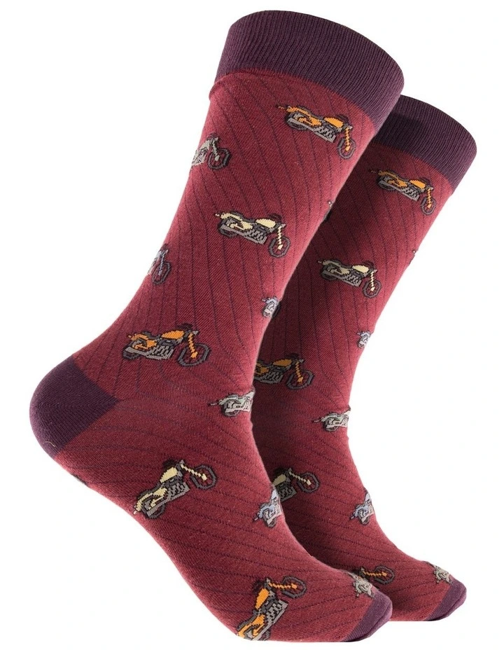 Motorbikes Super Fine Cotton Crew Socks in Burgundy image 1
