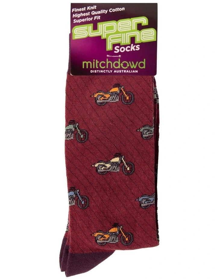 Motorbikes Super Fine Cotton Crew Socks in Burgundy image 2