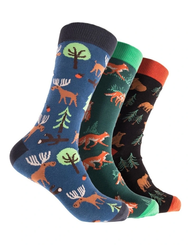 Forest Folk Cotton Crew Socks 3 Pack in Blue/Green image 1