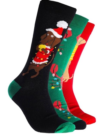 Tis The Festive Season Cotton Crew Socks 3 Pack in Red/Green