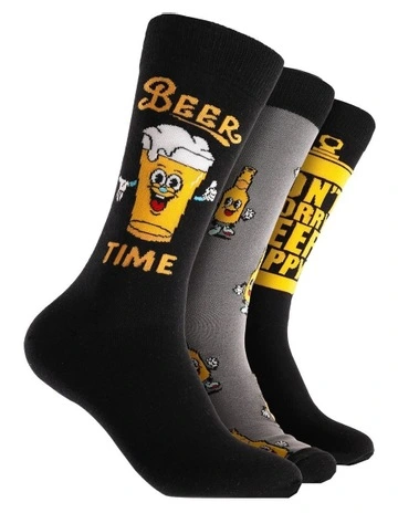 Beer Happy Cotton Crew Socks 3 Pack Gift Box in Multi