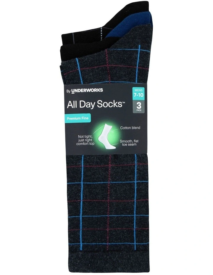 Mens Premium Fine Pattern Cotton Crew 3 Pack, Grey check image 2