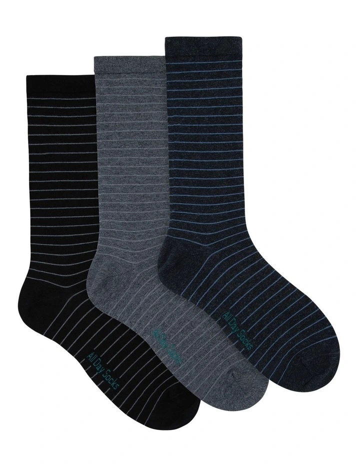Mens Premium Fine Pattern Cotton Crew 3 Pack, Black Stripes image 1