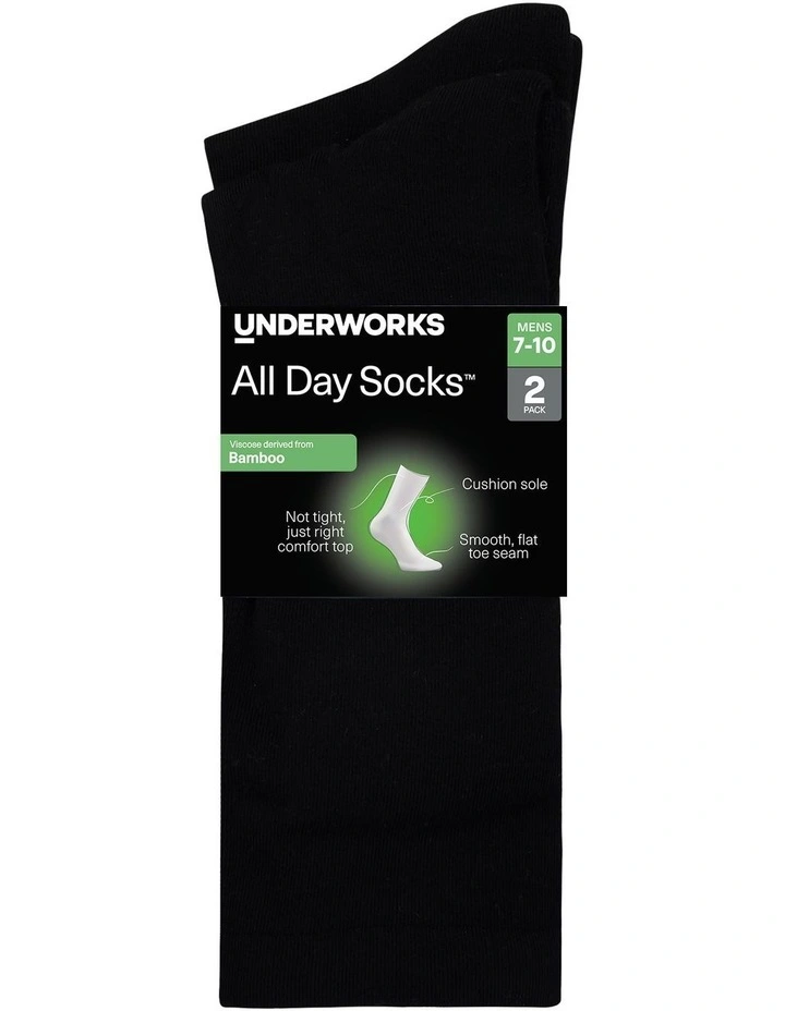 Mens Bamboo Viscose Cushioned Crew 2 Pack, Black image 2