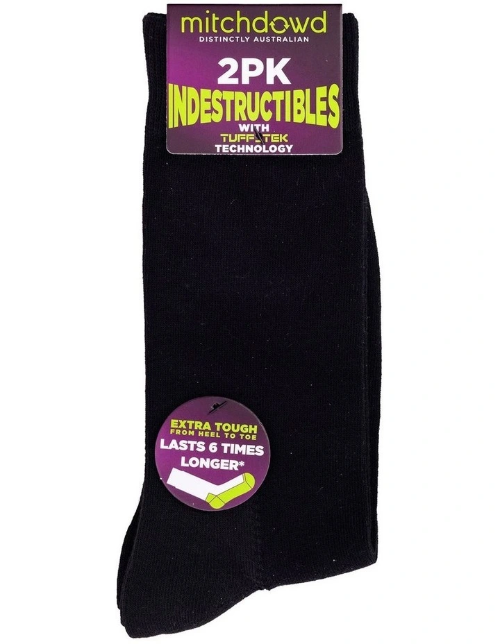 Plain Cotton Indestructibles Crew Socks 2 Pack in Black image 2