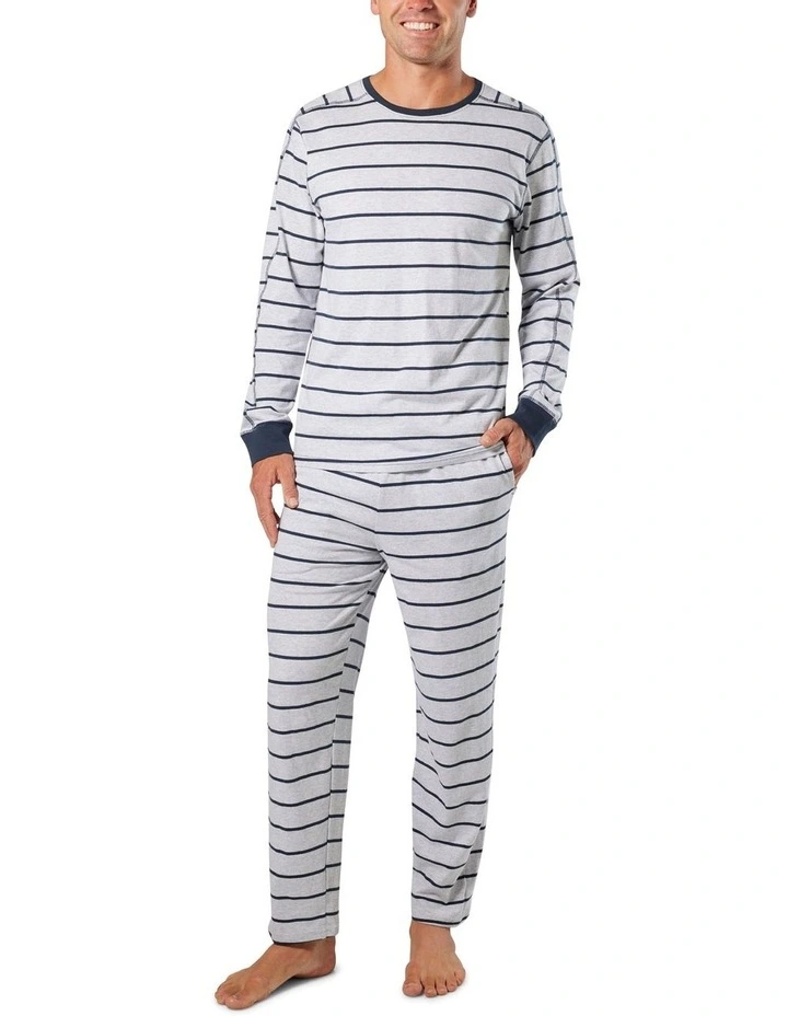 Broad Stripe Cotton Long Sleeve Sleep Tee in Grey Marle image 4