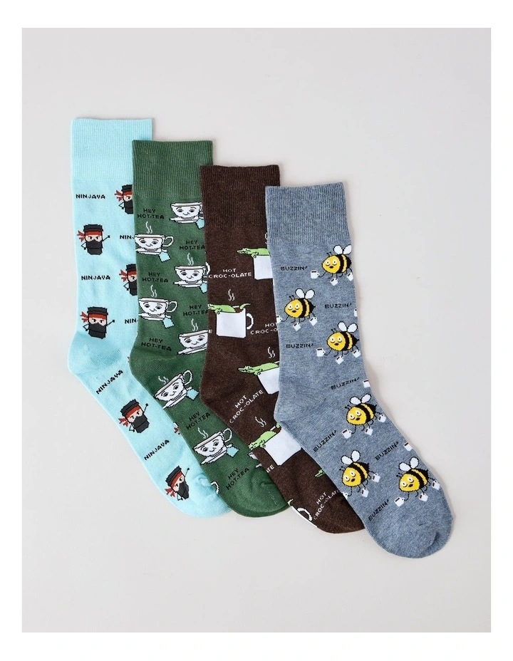 4 Pack Coffee Crew Socks in Assorted image 1