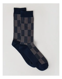 Australian Cotton Grid Socks in Navy & Sandlewood