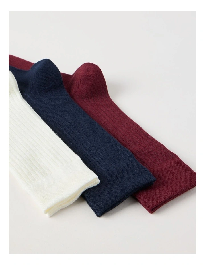 3 Pack Soft Top Rib Socks in Plum, Ivory and Navy image 2