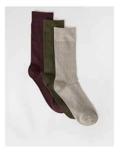 3 Pack Soft Top Rib Socks in Cobblestone, Forest, and Burgundy